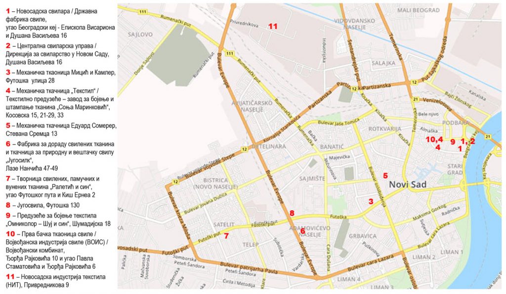 karta Novog Sada sa uctanim mestima fabrika svile